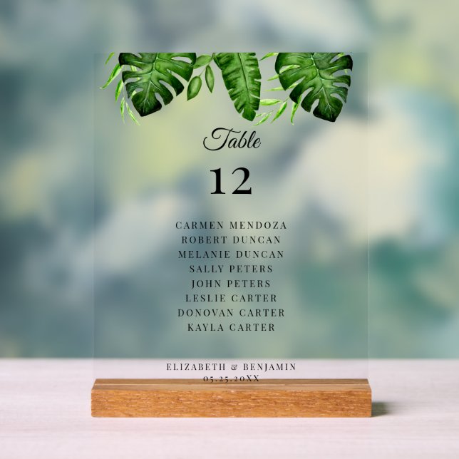 Panneau En Acrylique Plan de table de mariage avec verdure tropicale (Neutre)