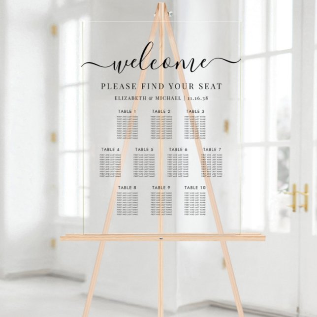 Panneau En Acrylique Plan de table de mariage moderne à 10 tables trans (Modern 10 Table Wedding Seating Clear Acrylic Sign)