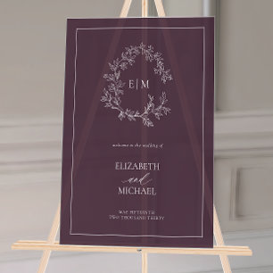 Panneau En Acrylique Plum pourpre poitrine feuillue Monogramme Mariage