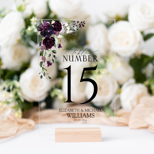 Panneau En Acrylique Plum Purple Mauve Floral Aquarelle Réception (Wedding Table Number!)