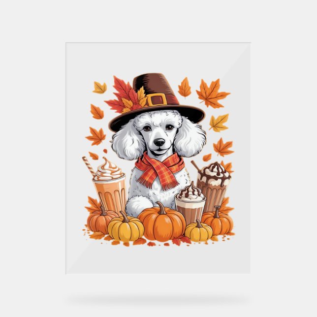 Panneau En Acrylique Poodle Thanksgiving Boissons Café Automne Feuilles (Recto)