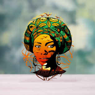 Panneau En Acrylique Portrait féminin africain avec coucher de soleil