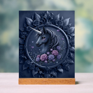 Panneau En Acrylique Portrait Unicorne foncé dans un cadre rond