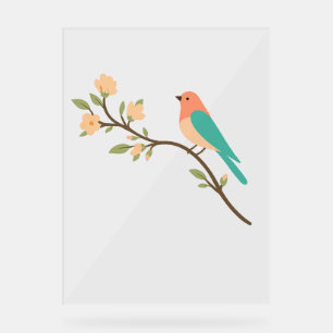 Panneau En Acrylique Poster minimaliste d'oiseau sur la branche de fleu