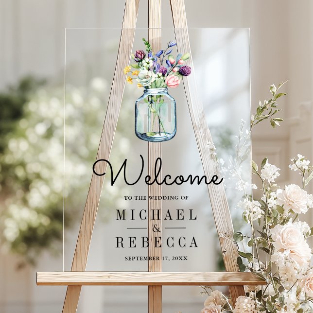 Panneau En Acrylique Pot de fleurs sauvages en bocal Mason pour mariage (Créateur téléchargé)