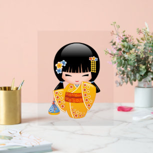 Panneau En Acrylique Poupée d'été Kokeshi - Kimono Jaune Geisha Girl