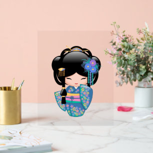 Panneau En Acrylique Poupée Keiko Kokeshi - Blue Kimono Geisha Girl