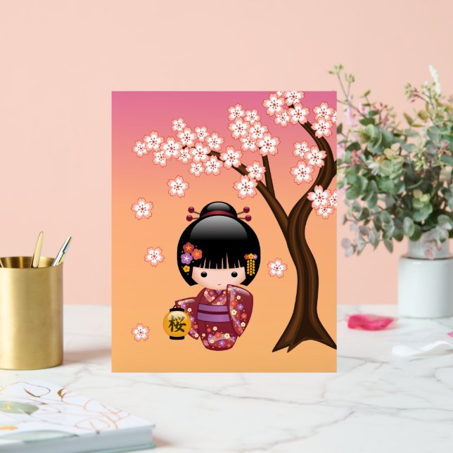 Panneau En Acrylique Poupée Sakura Kokeshi - Geisha Girl sur Jaune (Mariage)