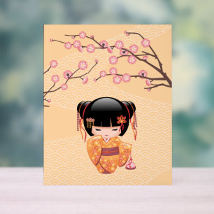 Panneau En Acrylique Poupée Ume Kokeshi - Japonaise Pêche Geisha Girl