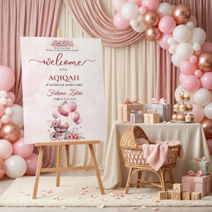 Panneau En Acrylique Poussette Ballon Rose Bébé Fille Musulmane Aqiqah