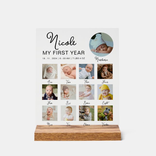 Panneau En Acrylique Première année Bébé 12 mois Anniversaire Photo Col (Recto)