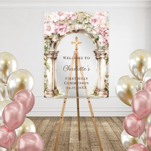 Panneau En Acrylique Première communion Arches croix florale rose Bienv