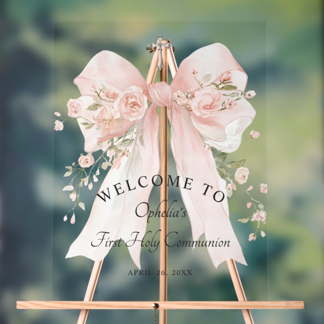 Panneau En Acrylique Première communion de fille ruban floral rose (Neutre)
