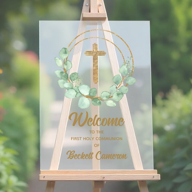 Panneau En Acrylique Première communion Eucalyptus moderne Accueil (Modern eucalyptus First Communion party Welcome acrylic sign)