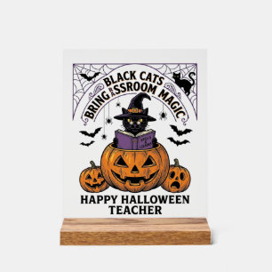 Panneau En Acrylique Prof Cat Halloween Citrouille Vintage Salle de Cla