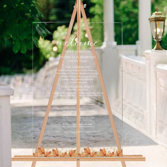 Panneau En Acrylique Programme de mariage élégant avec feuilles d'autom (Créateur téléchargé)