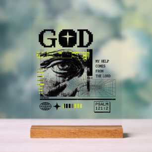 Panneau En Acrylique Psaume 121:2 Neon Lime Œil de Dieu CRT Glitch Art