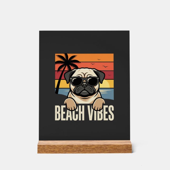 Panneau En Acrylique Pug Chien Ambiance Plage Coucher de Soleil (Recto)