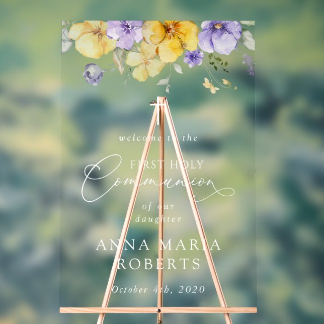 Panneau En Acrylique Purple and Yellow Flowers, First Communion Welcome (Neutre)