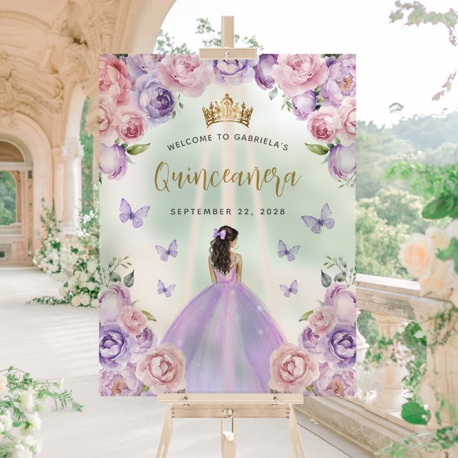 Panneau En Acrylique Purple Blush Gold Floral Quinceañera Bienvenue (Créateur téléchargé)