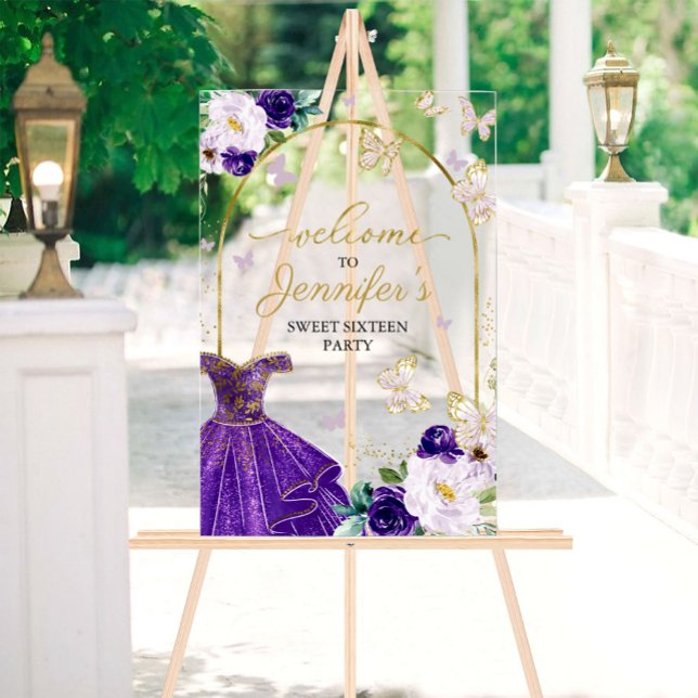 Panneau En Acrylique Purple Papillon Sweet 16 Bienvenue (Créateur téléchargé)