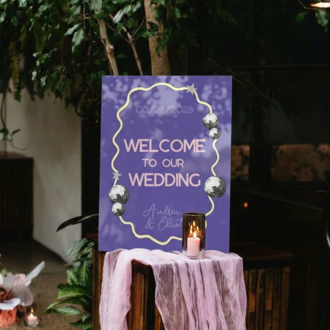 Panneau En Acrylique Purple Retro Disco Acrylic Wedding Welcome Sign (Créateur téléchargé)