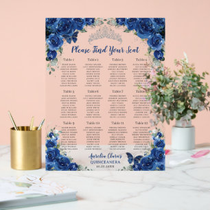 Panneau En Acrylique Quinceañera Royal Blue Floral Argent de siège grap
