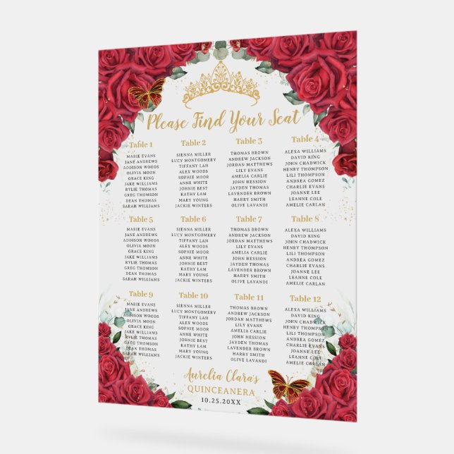 Panneau En Acrylique Quinceañera XV Roses Rouges Floral Gold Siège (Angle)
