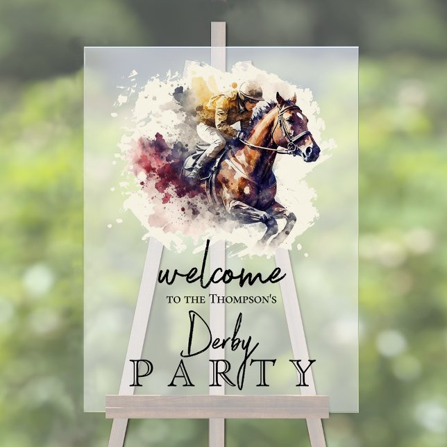 Panneau En Acrylique Racehorse Derby (Watercolor racehorse and jockey Derby party frosted acrylic sign)