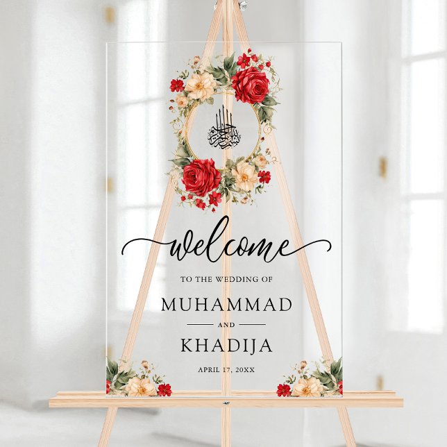Panneau En Acrylique Red Cream Roses Muslim Wedding Welcome (Créateur téléchargé)