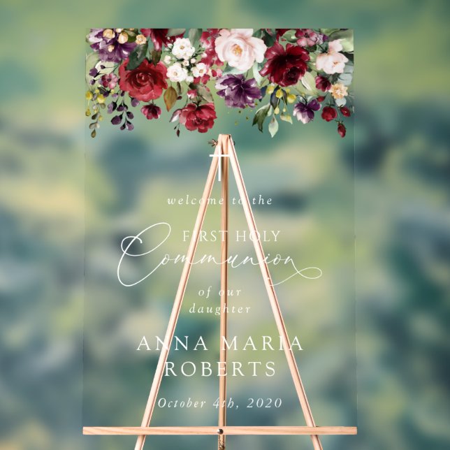 Panneau En Acrylique Red Flowers, Boho, First Holy Communion Welcome (Neutre)
