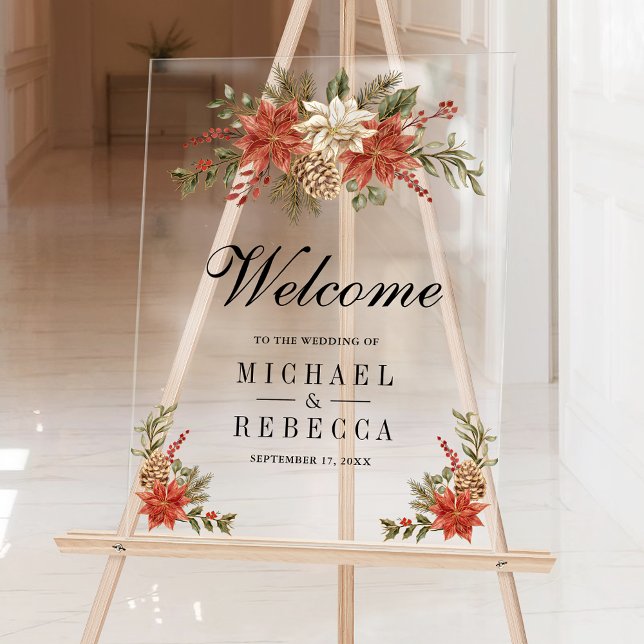 Panneau En Acrylique Red Gold Christmas Floral Wedding Welcome (Créateur téléchargé)