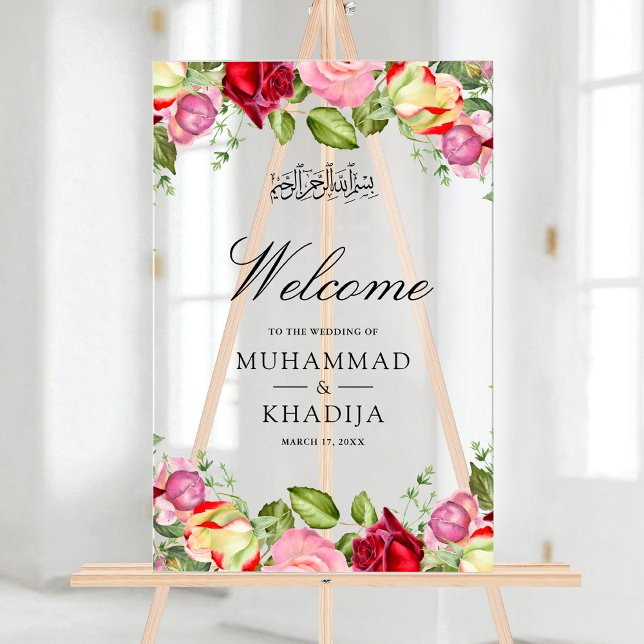 Panneau En Acrylique Red Pink Roses Floral Muslim Wedding Welcome (Créateur téléchargé)