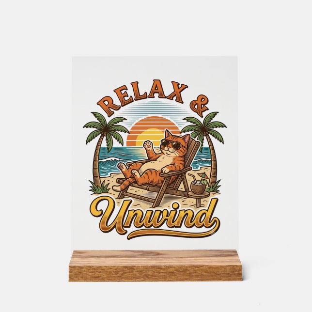 Panneau En Acrylique Relax & Unwind Chat de Plage Design de Gravure Vin (Recto)