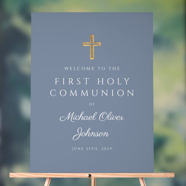 Panneau En Acrylique Religieux Dusty Blue Boy First Communion Bienvenue (Neutre)