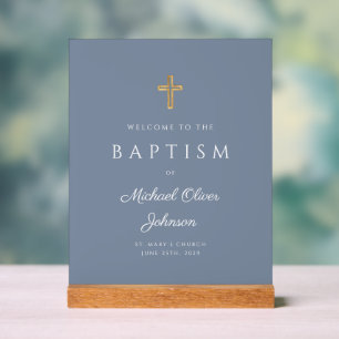 Panneau En Acrylique Religieux moderne Dusty Blue Boy Baptême Bienvenue