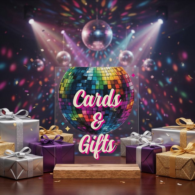 Panneau En Acrylique Retro 70's Party Disco Ball Wedding Cards & Gifts (Front view retro 70s disco ball wedding sparkly vintage party glam festive Cards & Gifts Sign)