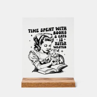Panneau En Acrylique Retro lady book amoureux des chats mot art