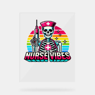 Panneau En Acrylique Retro Neon Skeleton Nurse - Funny Éffrayant D