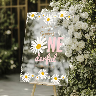 Panneau En Acrylique Retro Pink Daisy ONE derful 1st Birthday Party