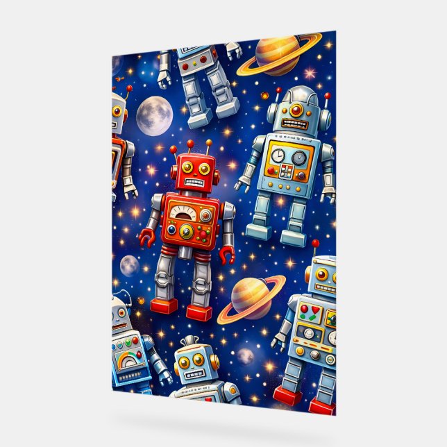 Panneau En Acrylique Retro space robots Galactic voyage fine art poster (Angle)