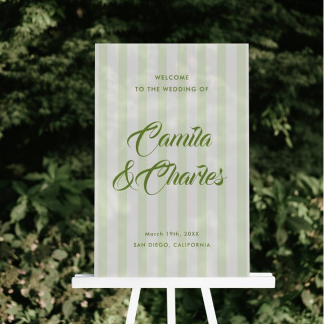 Panneau En Acrylique Retro Striped White and Green Wedding Welcome  (Créateur téléchargé)