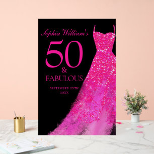 Panneau En Acrylique Robe rose chaude 50 & Fabuleux 50e anniversaire No