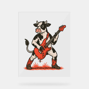 Panneau En Acrylique Rocker Cow, Vache Jouant de la guitare