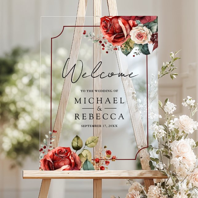 Panneau En Acrylique Romantic Red Roses Floral Wedding Welcome (Créateur téléchargé)