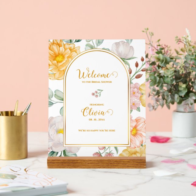 Panneau En Acrylique Romantic Yellow Floral Bridal Shower Welcome (Mariage)