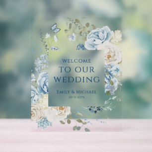 Panneau En Acrylique Romantique Dusty Blue Welcome Floral Mariage