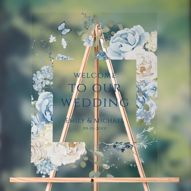 Panneau En Acrylique Romantique Dusty Blue Welcome Floral Mariage (Neutre)