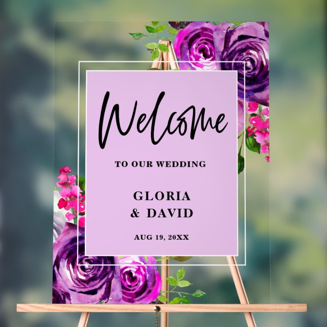 Panneau En Acrylique Romantique violet Mariage Floral Welcome Foam Boar (Neutre)