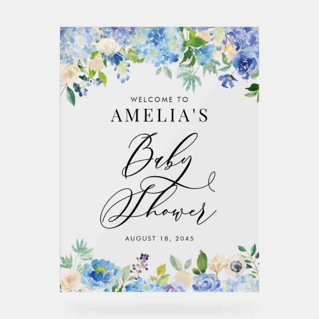 Panneau En Acrylique Rose d'aquarelle bleu et Baby shower Hydrangea (Recto)